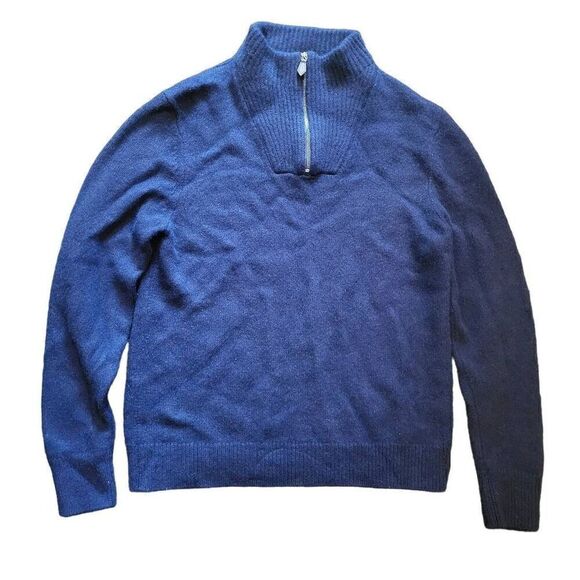 Bloomingdale's Sweater Men's Medium Navy Blue 1/4 Zip Wool Cashmere Cozy Leather - Picture 1 of 4